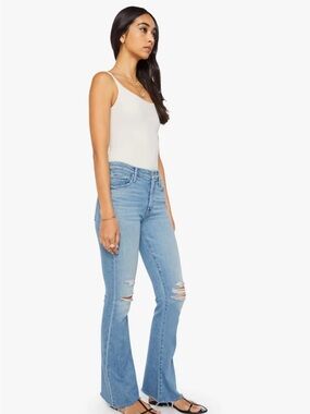 MOTHER Light Blue High-Rise Flare Jeans with Knee Rips 939
